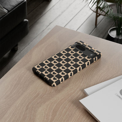 Checkerboard Heart Phone Case – Black & Beige Cute Aesthetic Protective Cover for Iphone, Samsung Galaxy and Pixel