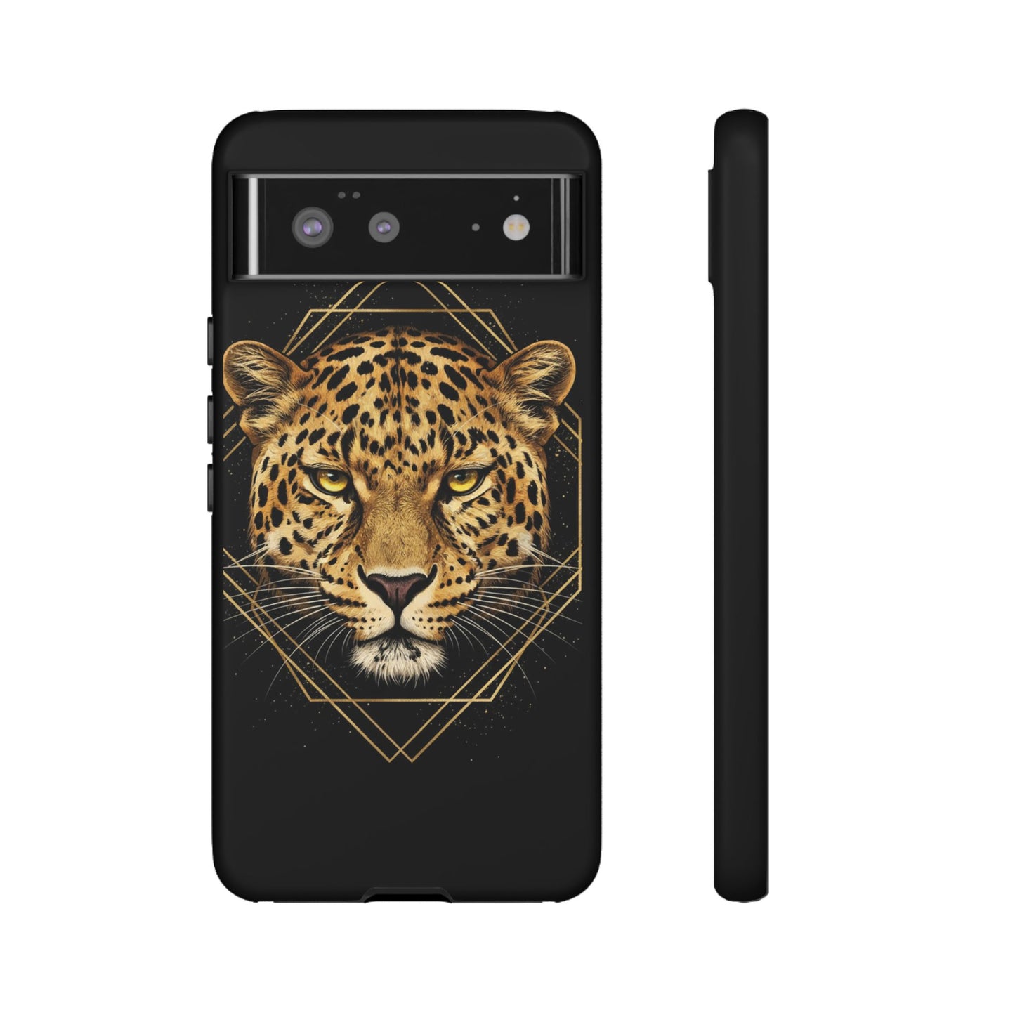 Leopard Head Geometric Phone Case – Black & Gold Luxe Tough Case