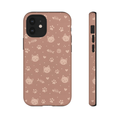 Cute Cat Pattern Phone Case | Paw Prints, Fishbone & Yarn Design Tough Case