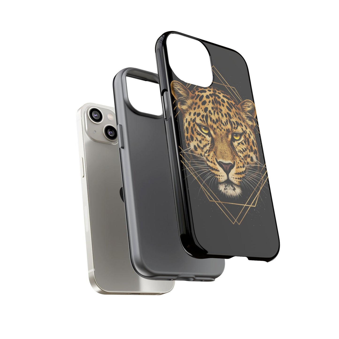 Leopard Head Geometric Phone Case – Black & Gold Luxe Tough Case