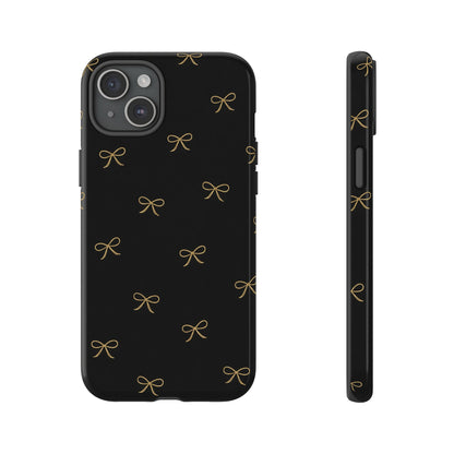 Black Phone Case with Gold Bow Pattern – Slim Protective Cute Aesthetic Cover for Iphone, Samsung Galaxy and Pixel