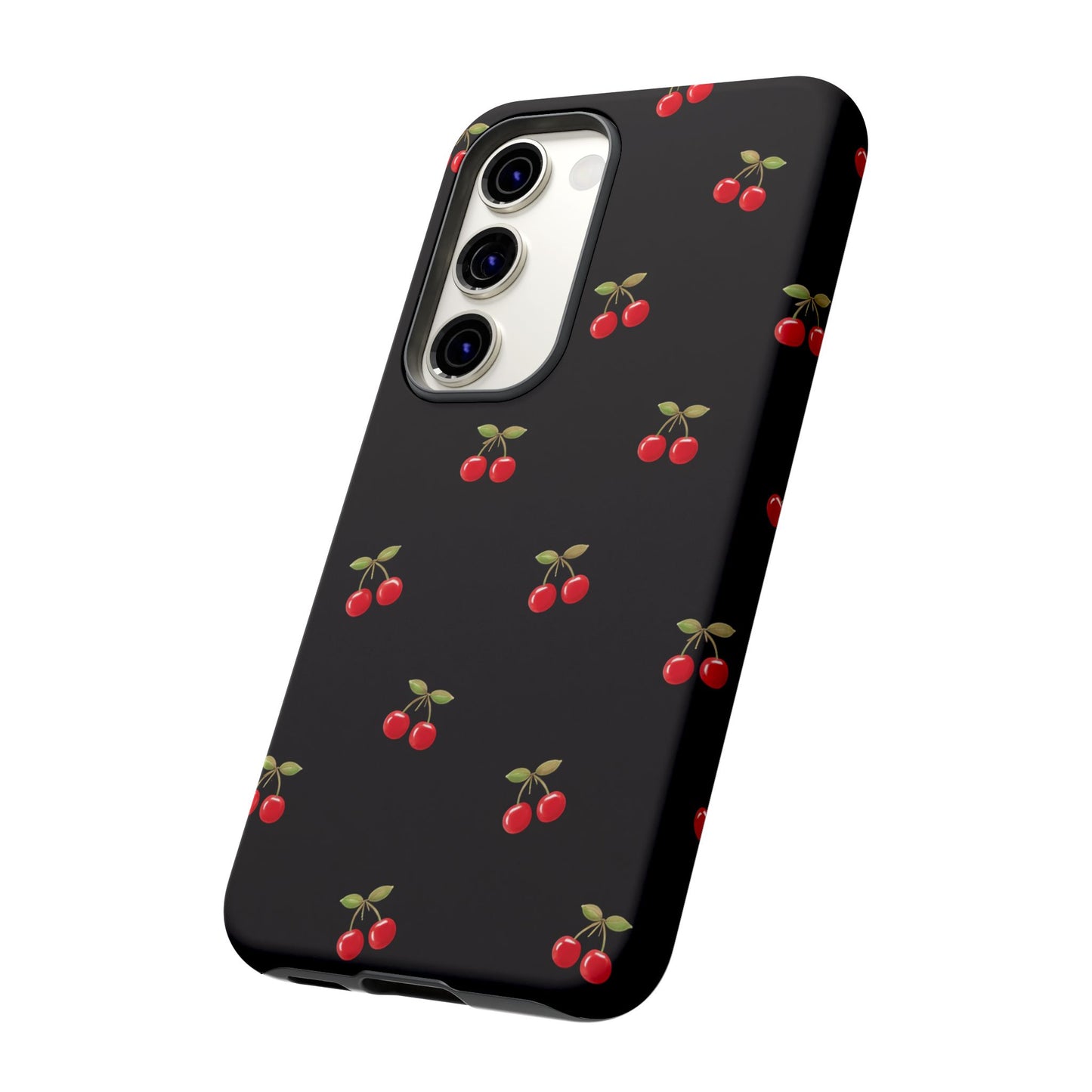 Cherry Pattern Phone Case — Slim Black Protective iPhone Case with Red Cherries for Iphone, Samsung Galaxy and Pixel
