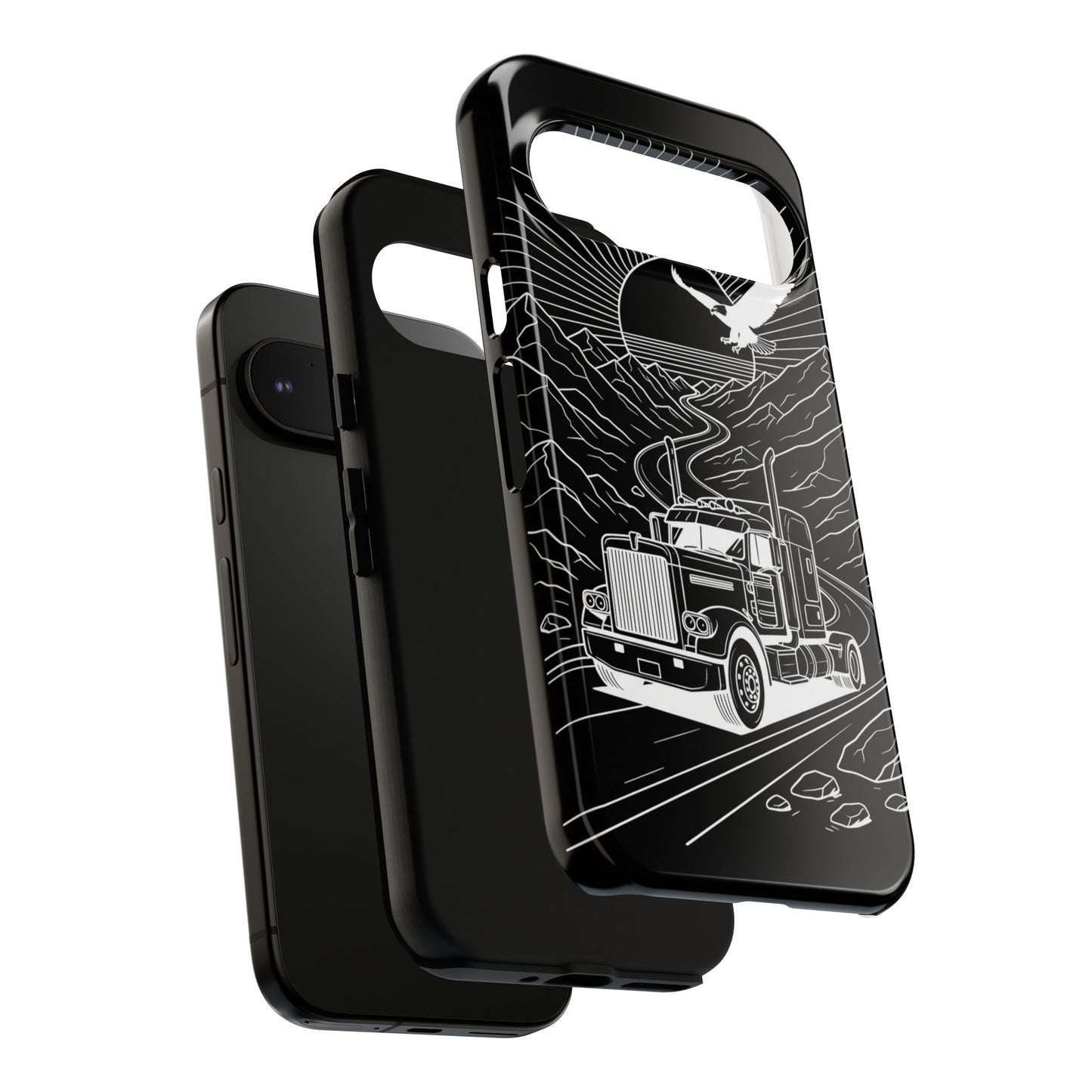 Trucker Highway Phone Case | Eagle & Mountain Line Art | Black Western Tough Case