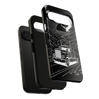Trucker Highway Phone Case | Eagle & Mountain Line Art | Black Western Tough Case