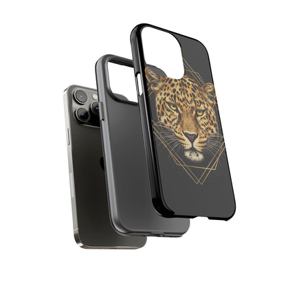Leopard Head Geometric Phone Case – Black & Gold Luxe Tough Case