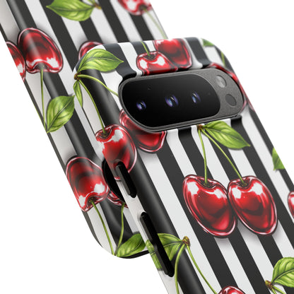 Cherry Pattern Phone Case Black White Stripe Retro Aesthetic Tough Cover