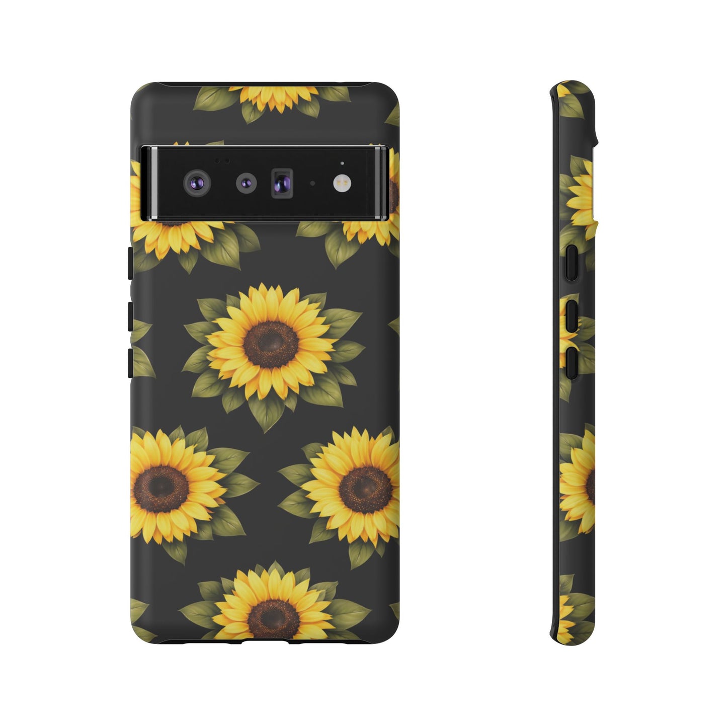 Sunflower Floral Tough Phone Case – Black Background Protective Cover for Iphone, Samsung Galaxy and Pixel