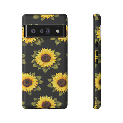 Sunflower Floral Tough Phone Case – Black Background Protective Cover for Iphone, Samsung Galaxy and Pixel