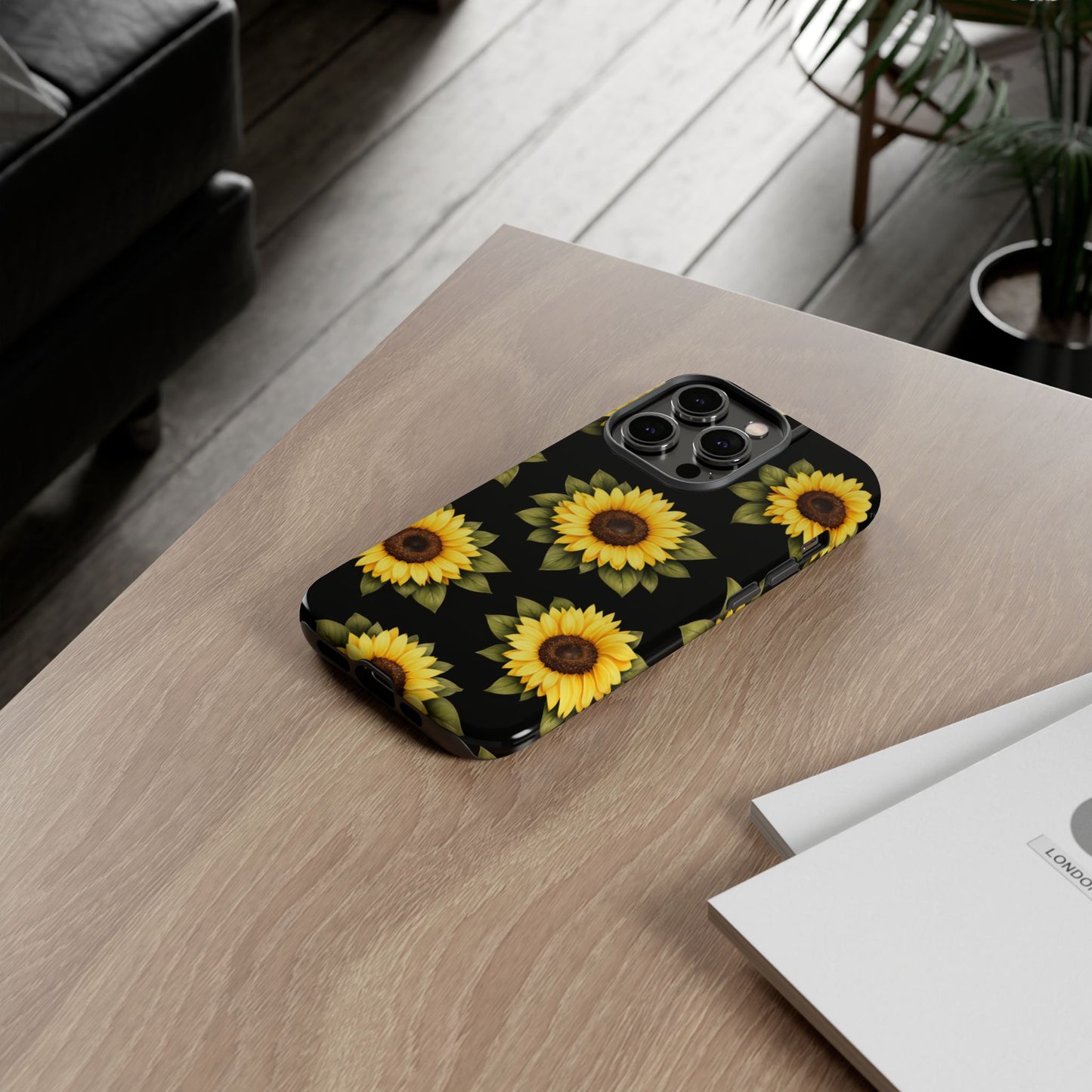Sunflower Floral Tough Phone Case – Black Background Protective Cover for Iphone, Samsung Galaxy and Pixel