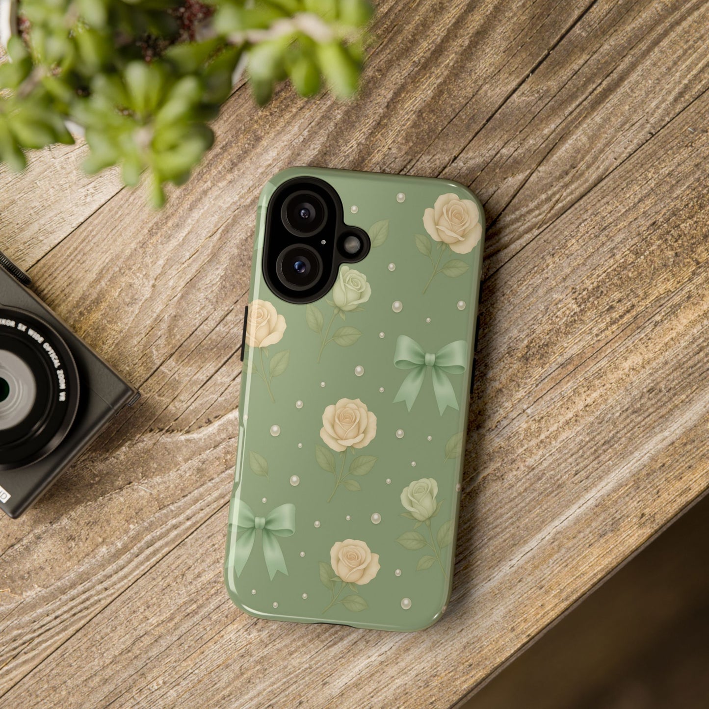 Vintage Rose Bow Phone Case – Sage Green Floral Coquette Aesthetic Tough Case (iPhone, Samsung, Pixel)