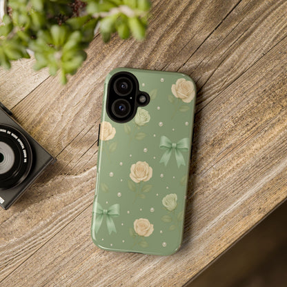 Vintage Rose Bow Phone Case – Sage Green Floral Coquette Aesthetic Tough Case (iPhone, Samsung, Pixel)