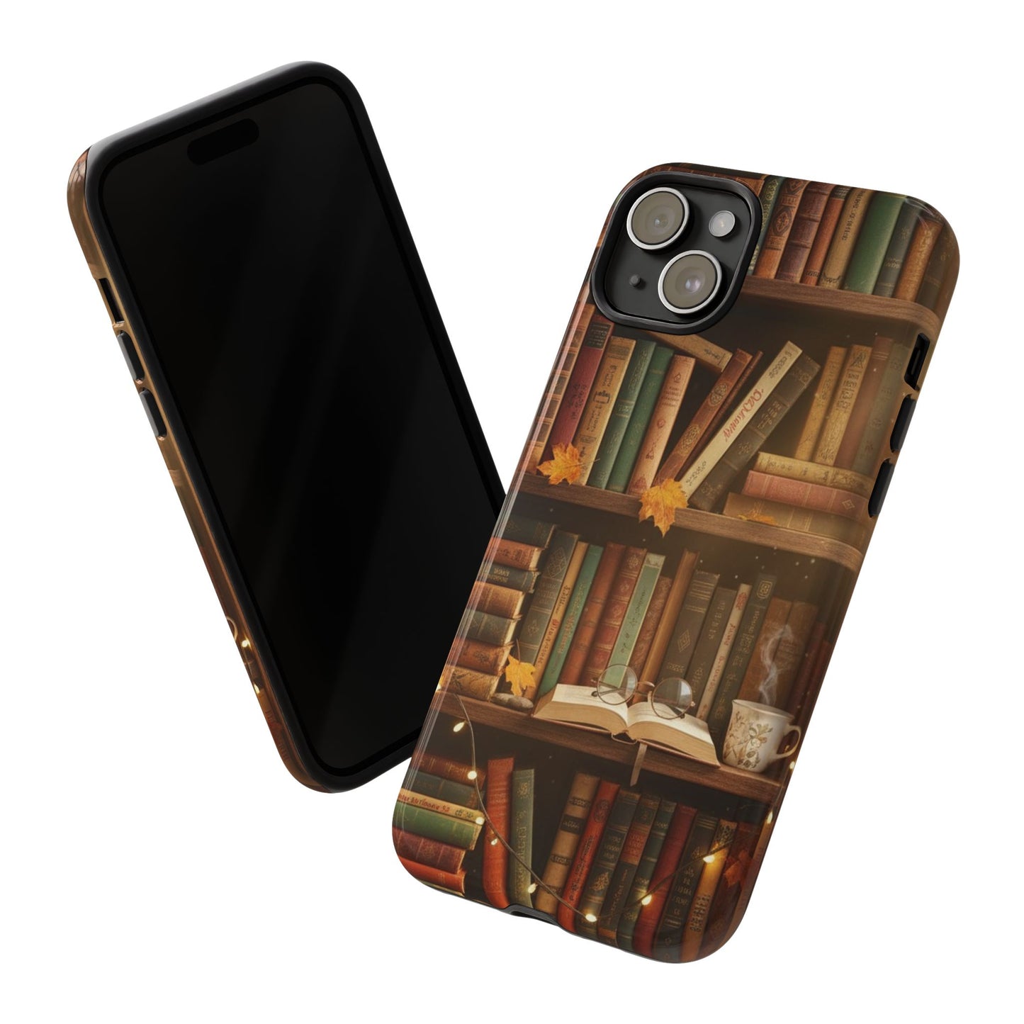 Cozy Vintage Bookshelf Phone Case, Library Aesthetic Book Stack, Autumn Coffee Vibes (iPhone, Samsung, Pixel)
