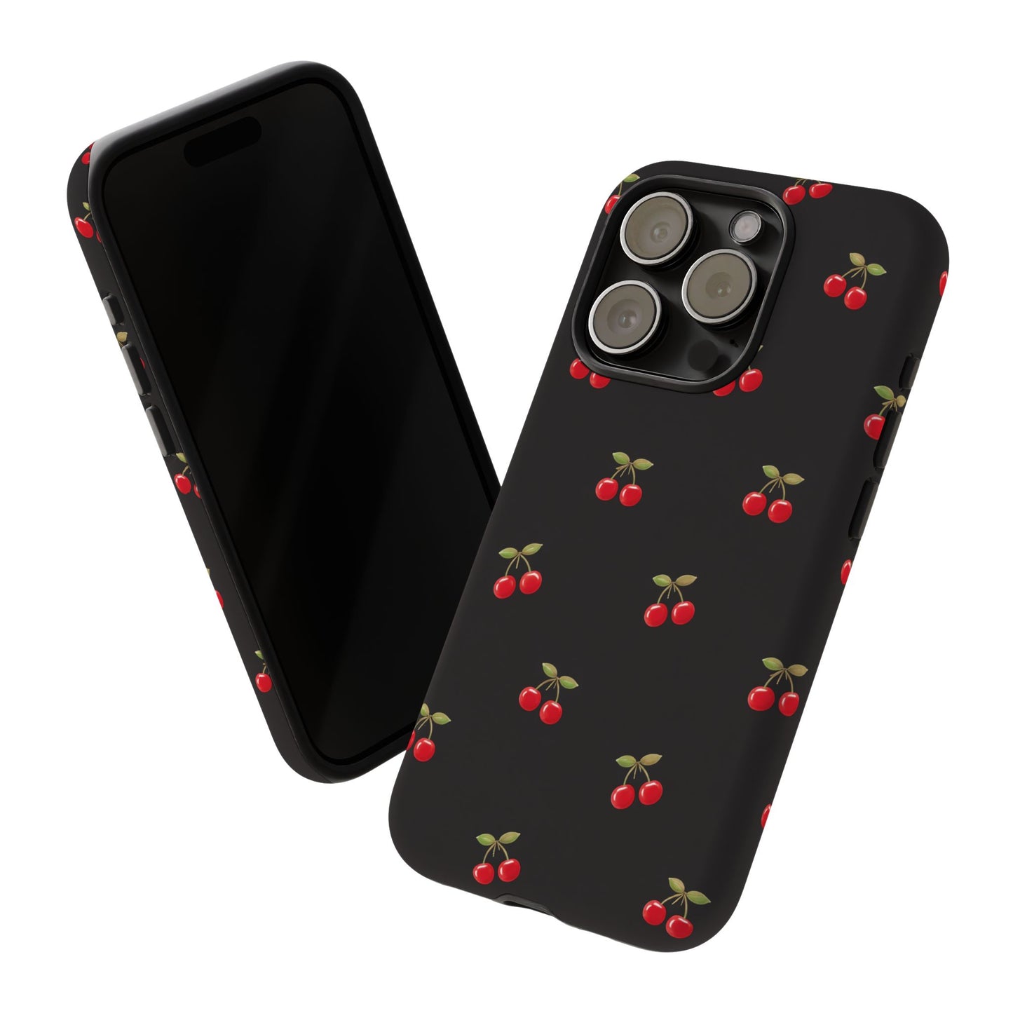 Cherry Pattern Phone Case — Slim Black Protective iPhone Case with Red Cherries for Iphone, Samsung Galaxy and Pixel