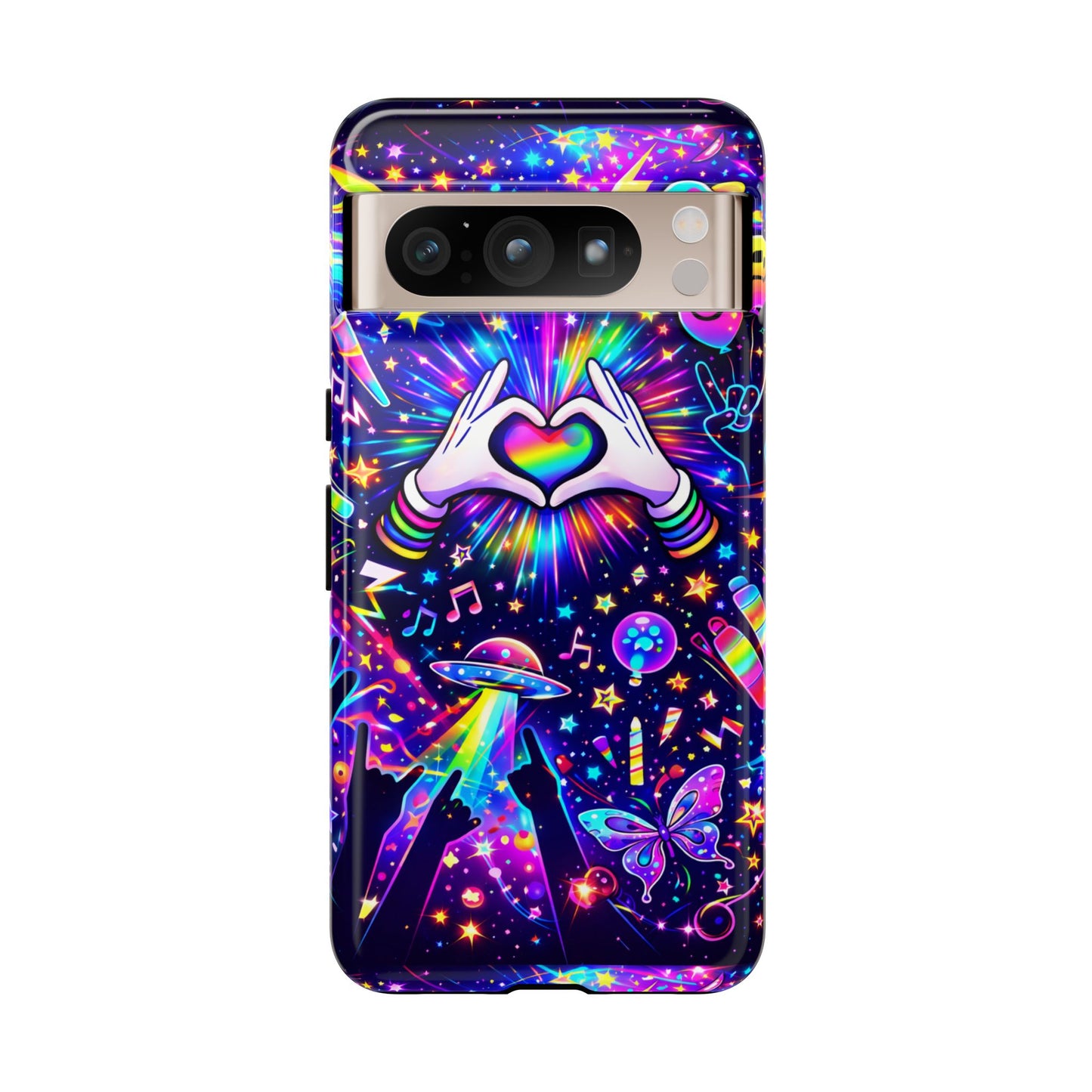 Rainbow Heart Hands Phone Case – Neon Galaxy EDM Festival Tough Cover