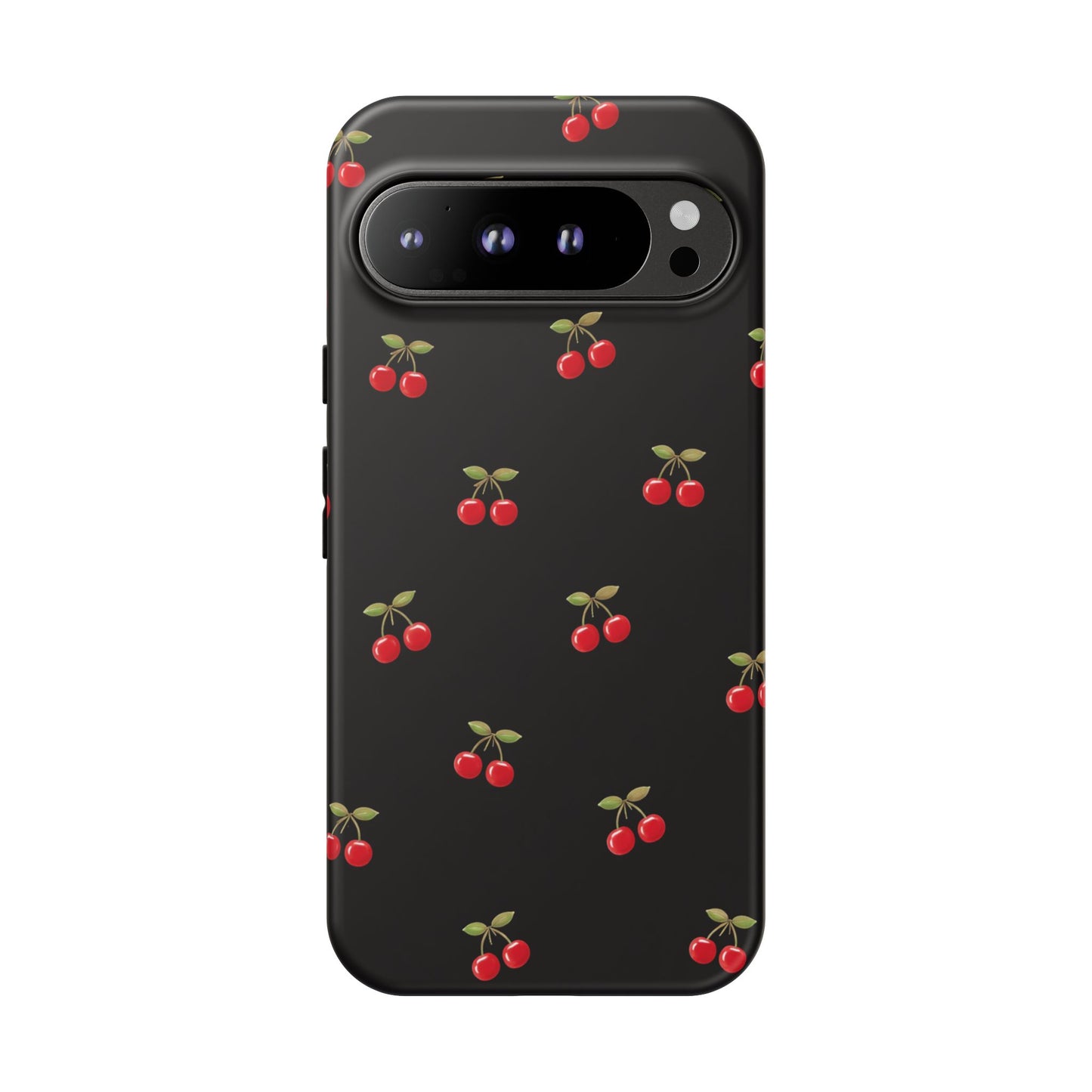 Cherry Pattern Phone Case — Slim Black Protective iPhone Case with Red Cherries for Iphone, Samsung Galaxy and Pixel