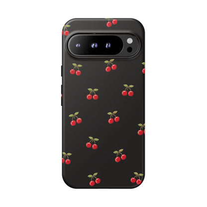 Cherry Pattern Phone Case — Slim Black Protective iPhone Case with Red Cherries for Iphone, Samsung Galaxy and Pixel