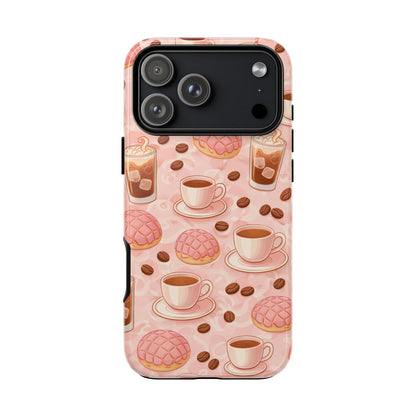 Cute Coffee & Pink Concha Phone Case – Coffee Lover Aesthetic Latte Pattern Tough Case