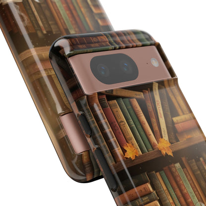 Cozy Vintage Bookshelf Phone Case, Library Aesthetic Book Stack, Autumn Coffee Vibes (iPhone, Samsung, Pixel)