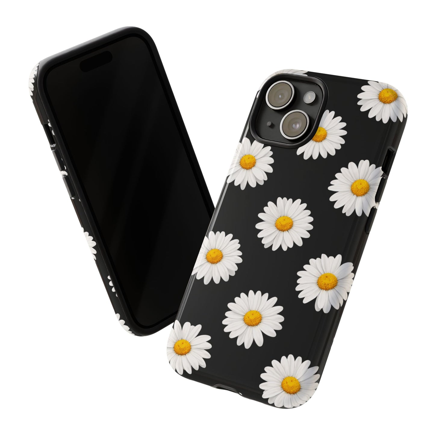 Black Daisy Floral Tough Phone Case – Cute Protective Cover for Iphone, Samsung Galaxy and Pixel