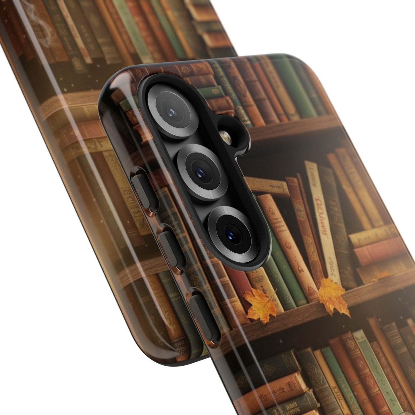 Cozy Vintage Bookshelf Phone Case, Library Aesthetic Book Stack, Autumn Coffee Vibes (iPhone, Samsung, Pixel)