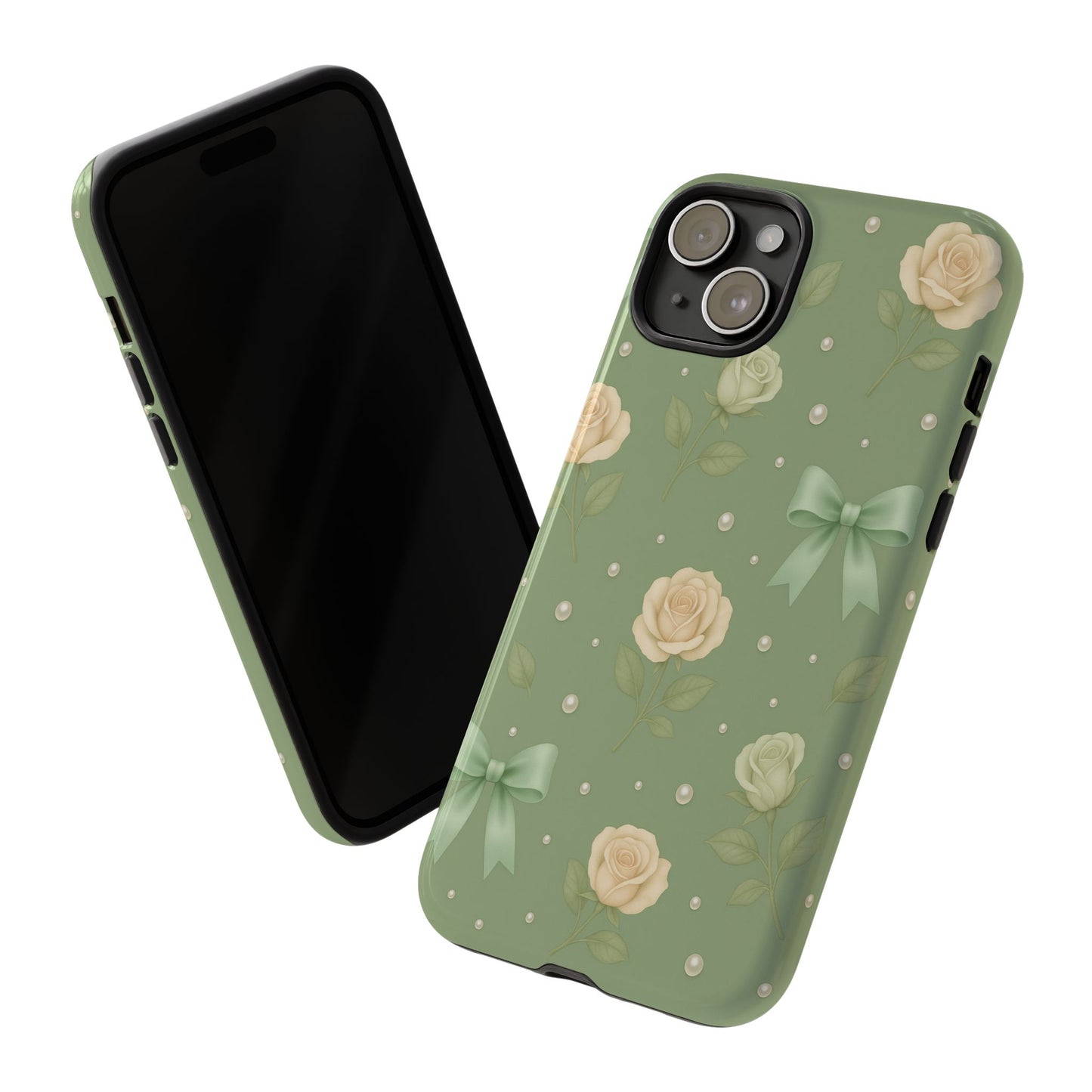 Vintage Rose Bow Phone Case – Sage Green Floral Coquette Aesthetic Tough Case (iPhone, Samsung, Pixel)