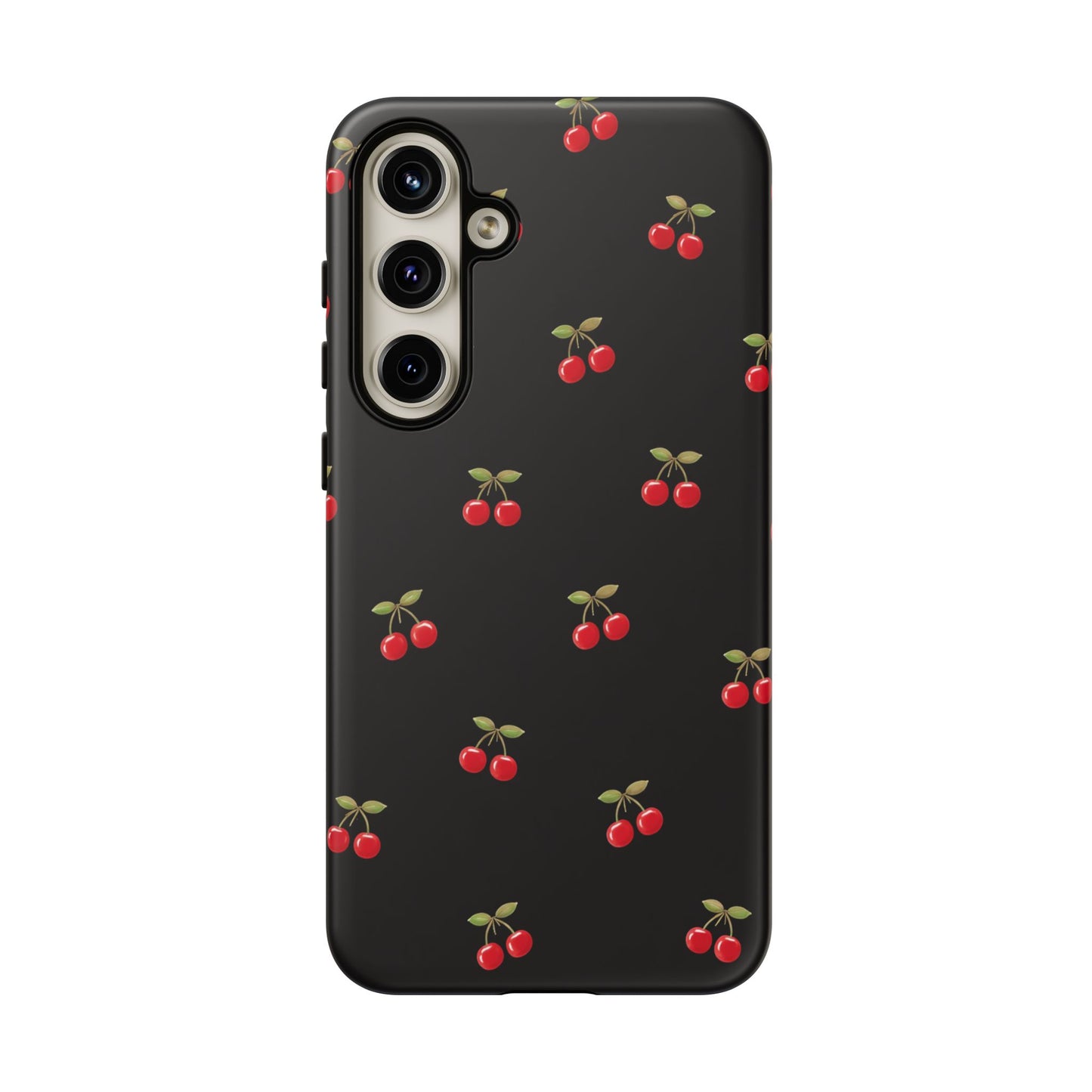 Cherry Pattern Phone Case — Slim Black Protective iPhone Case with Red Cherries for Iphone, Samsung Galaxy and Pixel