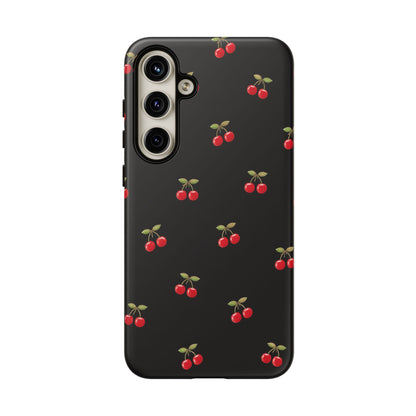 Cherry Pattern Phone Case — Slim Black Protective iPhone Case with Red Cherries for Iphone, Samsung Galaxy and Pixel
