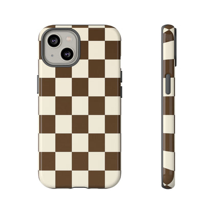 Mocha Checkerboard Phone Case | Neutral Aesthetic Checkered iPhone & Samsung Tough Case