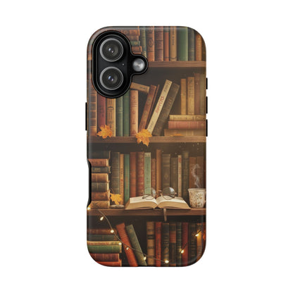 Cozy Vintage Bookshelf Phone Case, Library Aesthetic Book Stack, Autumn Coffee Vibes (iPhone, Samsung, Pixel)