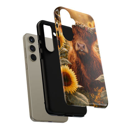 Highland Cow Sunflower Phone Case | Floral Farmhouse iPhone, Samsung Galaxy and Pixel Cover