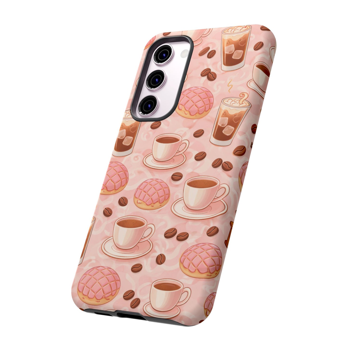 Cute Coffee & Pink Concha Phone Case – Coffee Lover Aesthetic Latte Pattern Tough Case