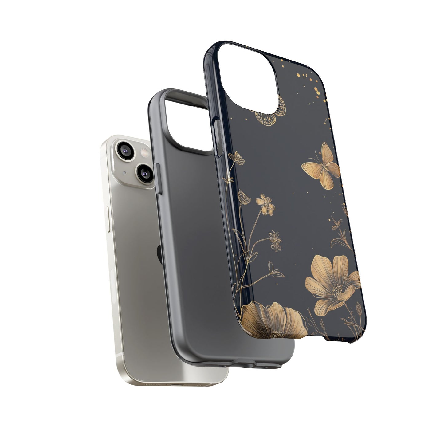 Gold Floral Butterfly Phone Case, Dark Aesthetic Botanical, Elegant Black Luxury iPhone Samsung Cover