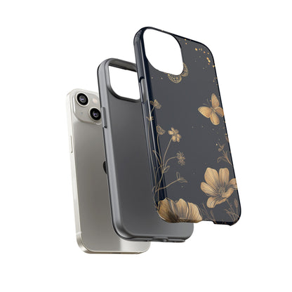 Gold Floral Butterfly Phone Case, Dark Aesthetic Botanical, Elegant Black Luxury iPhone Samsung Cover
