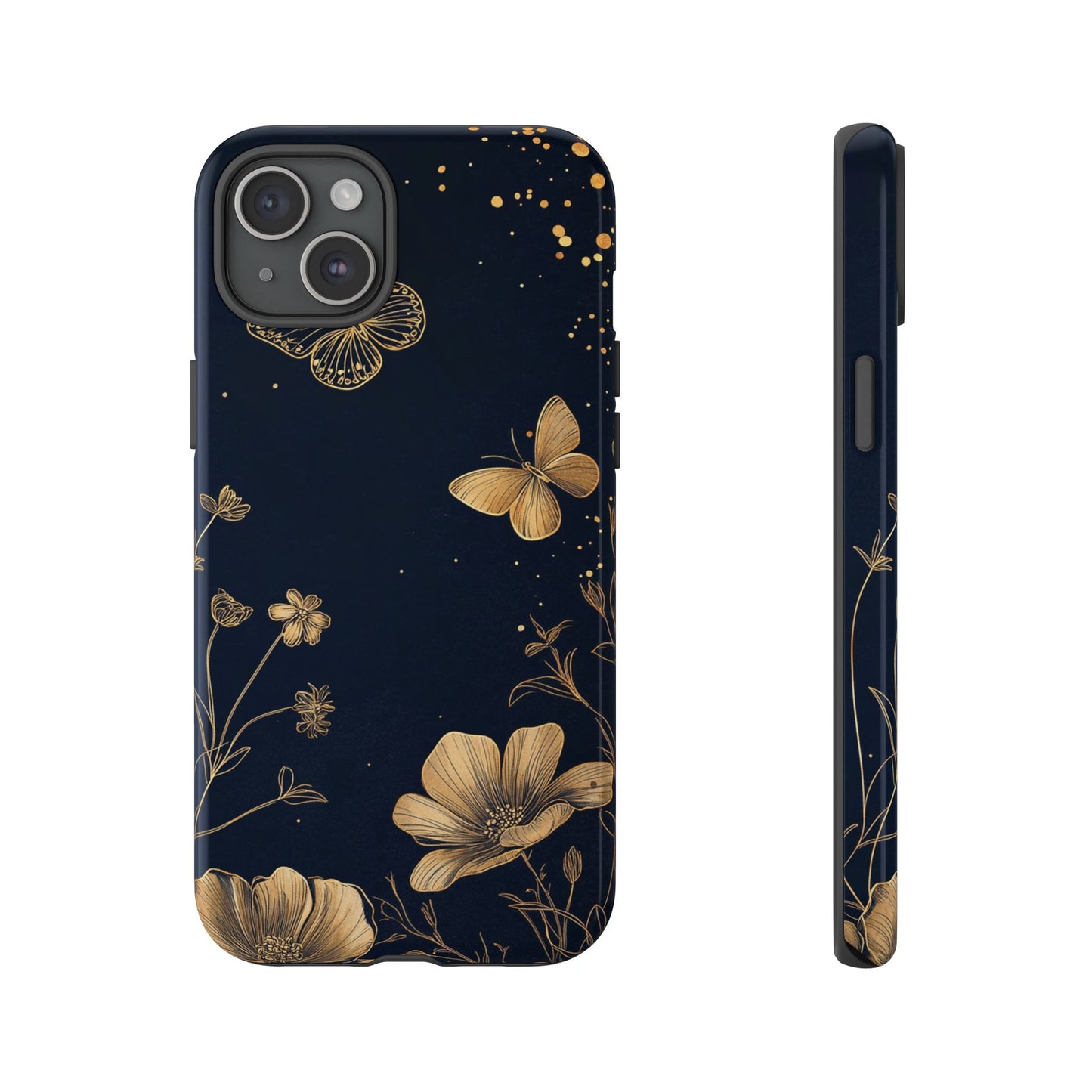 Gold Floral Butterfly Phone Case, Dark Aesthetic Botanical, Elegant Black Luxury iPhone Samsung Cover