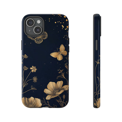 Gold Floral Butterfly Phone Case, Dark Aesthetic Botanical, Elegant Black Luxury iPhone Samsung Cover