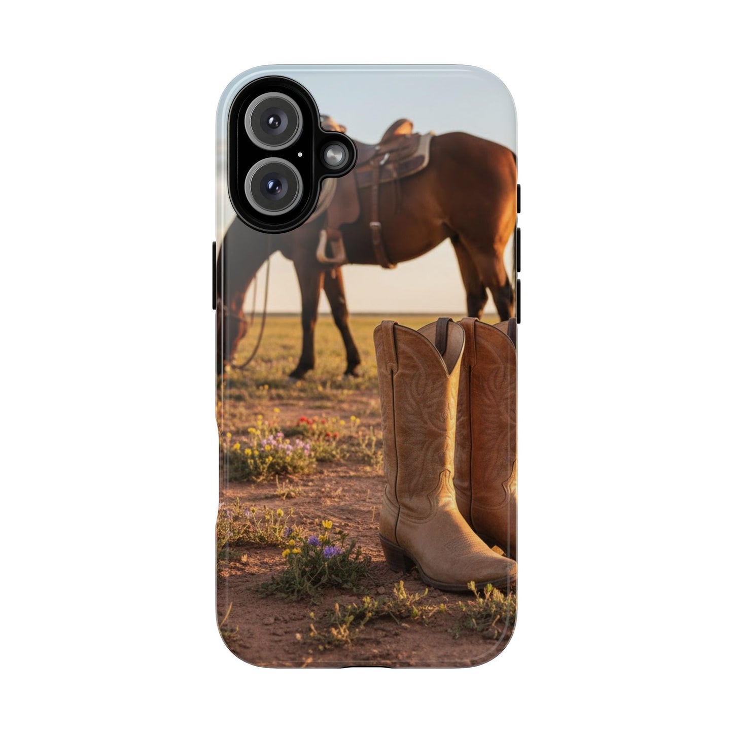Western Cowboy Boots Phone Case – Rustic Horse Sunset Tough Case (iPhone, Samsung, Pixel)