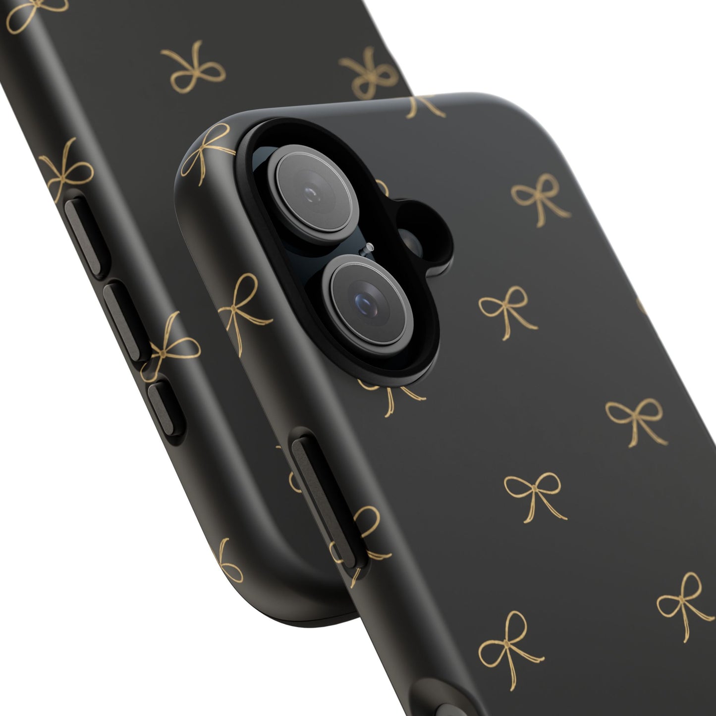 Black Phone Case with Gold Bow Pattern – Slim Protective Cute Aesthetic Cover for Iphone, Samsung Galaxy and Pixel