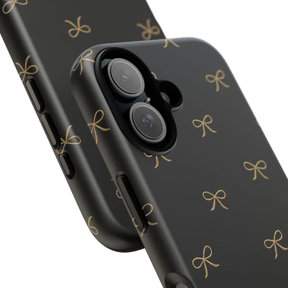 Black Phone Case with Gold Bow Pattern – Slim Protective Cute Aesthetic Cover for Iphone, Samsung Galaxy and Pixel