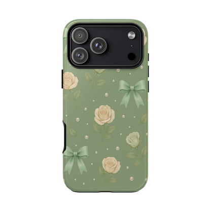 Vintage Rose Bow Phone Case – Sage Green Floral Coquette Aesthetic Tough Case (iPhone, Samsung, Pixel)