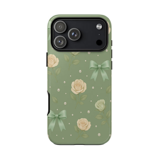Vintage Rose Bow Phone Case – Sage Green Floral Coquette Aesthetic Tough Case (iPhone, Samsung, Pixel)