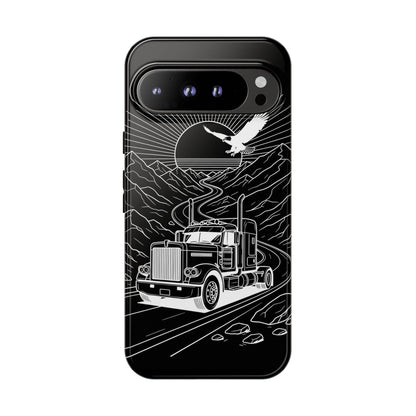 Trucker Highway Phone Case | Eagle & Mountain Line Art | Black Western Tough Case