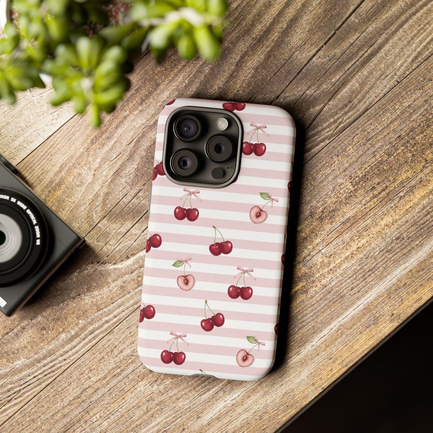 Pink Cherry Stripe Phone Case | Cute Coquette Aesthetic Protective Tough Case