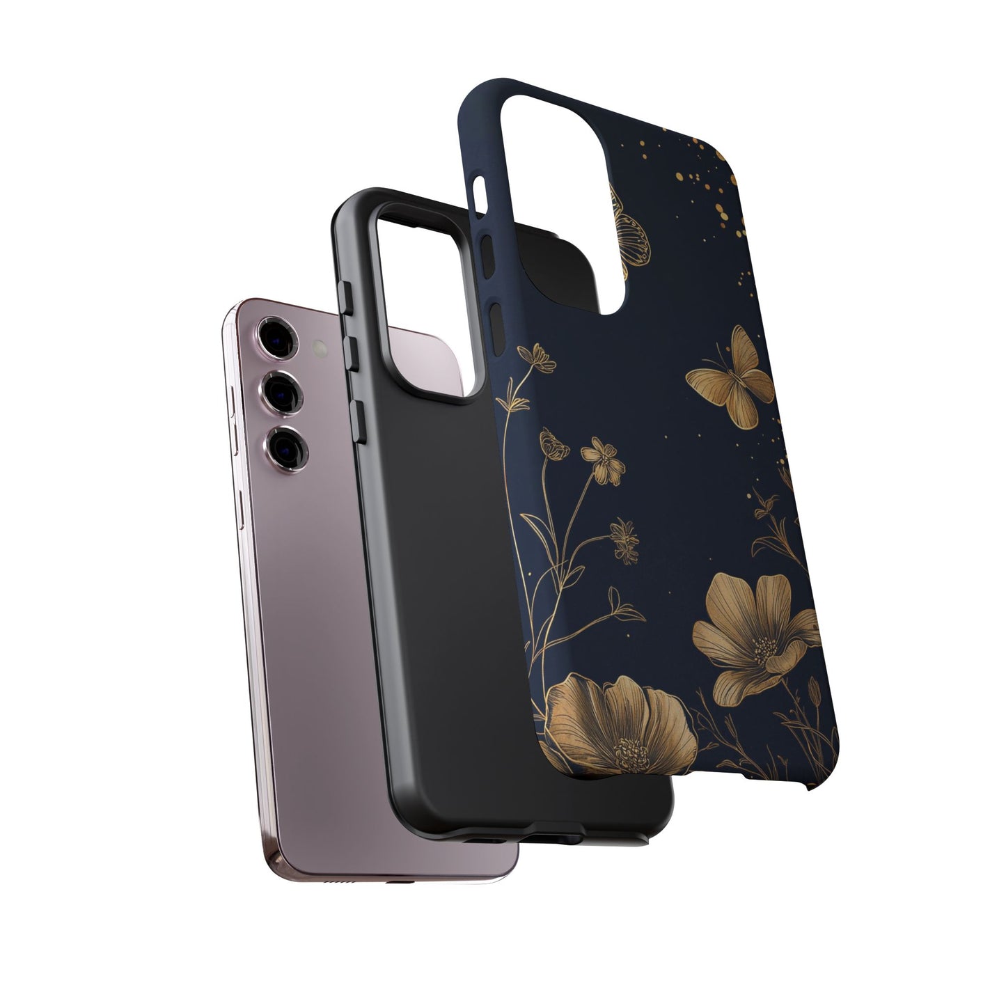 Gold Floral Butterfly Phone Case, Dark Aesthetic Botanical, Elegant Black Luxury iPhone Samsung Cover