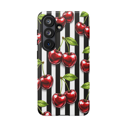 Cherry Pattern Phone Case Black White Stripe Retro Aesthetic Tough Cover