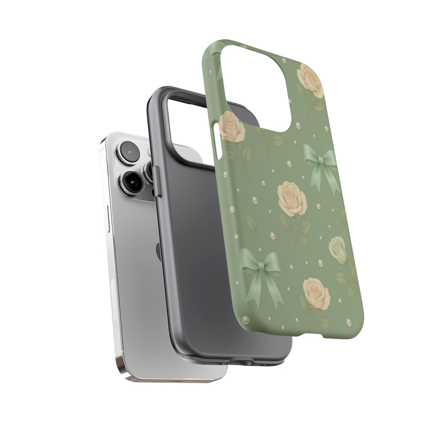 Vintage Rose Bow Phone Case – Sage Green Floral Coquette Aesthetic Tough Case (iPhone, Samsung, Pixel)