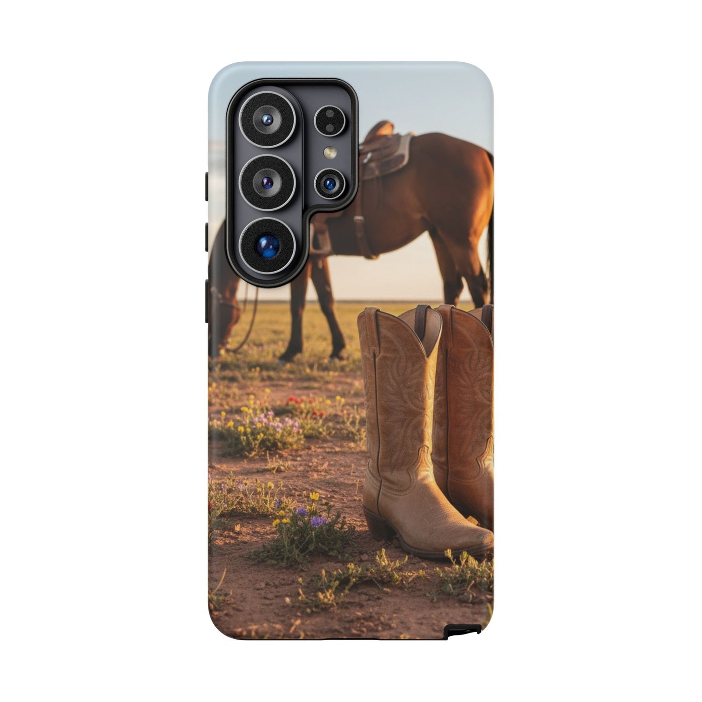 Western Cowboy Boots Phone Case – Rustic Horse Sunset Tough Case (iPhone, Samsung, Pixel)