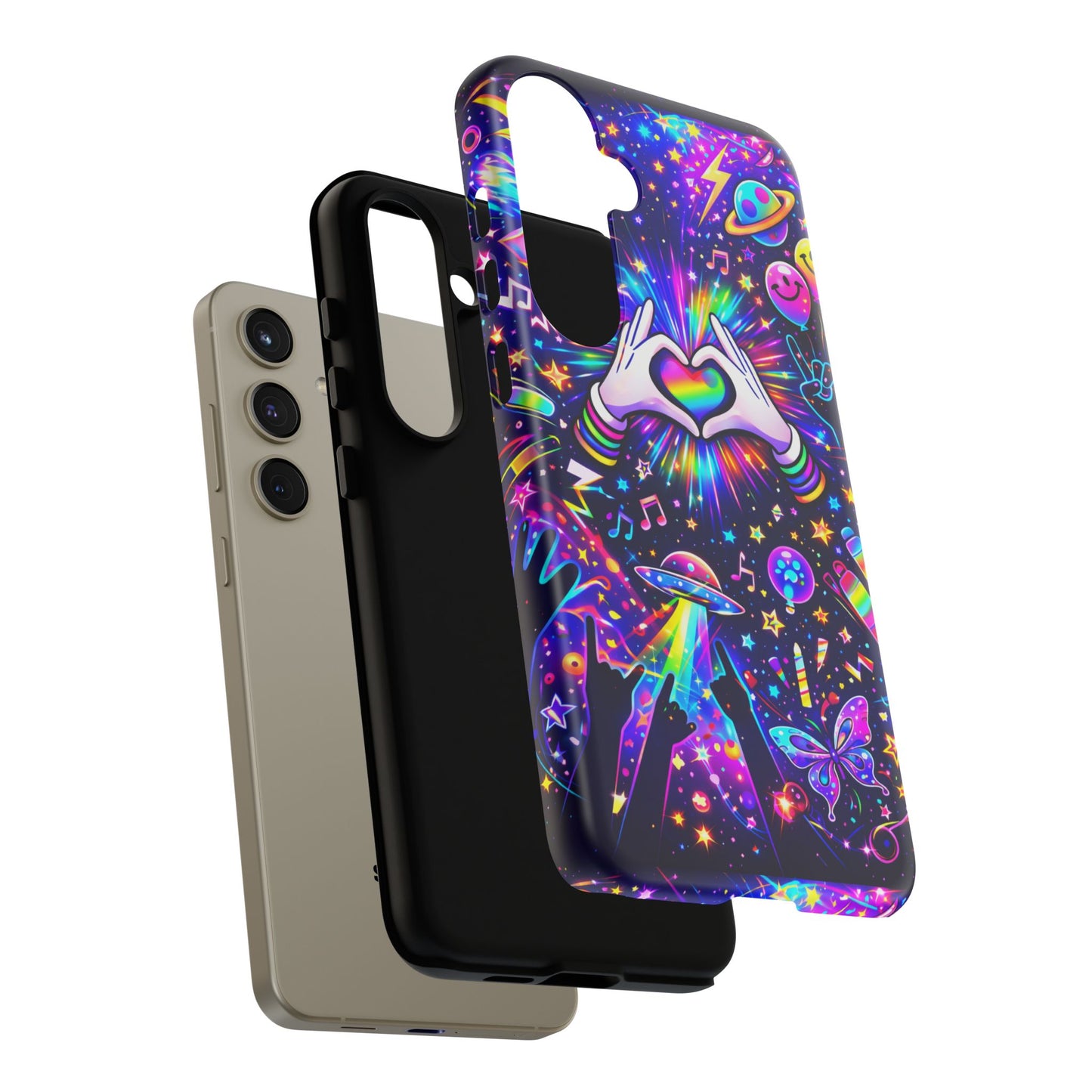 Rainbow Heart Hands Phone Case – Neon Galaxy EDM Festival Tough Cover
