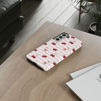 Pink Cherry Stripe Phone Case | Cute Coquette Aesthetic Protective Tough Case