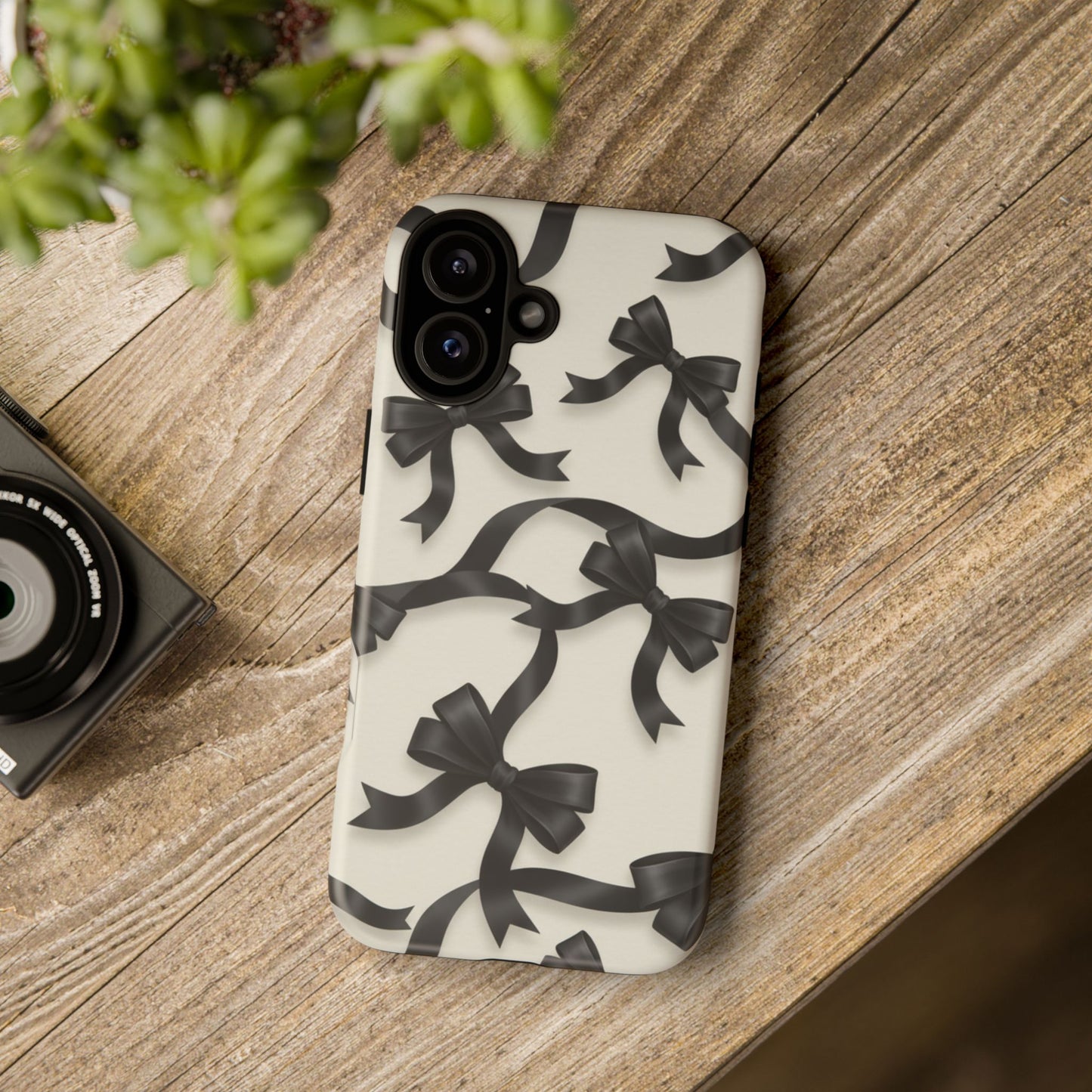 Black Ribbon Bow Phone Case, Minimal Bow Pattern Tough Protective Case