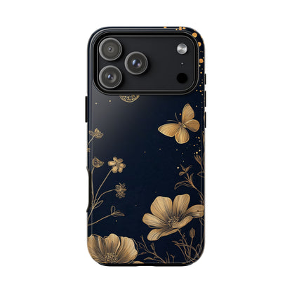 Gold Floral Butterfly Phone Case, Dark Aesthetic Botanical, Elegant Black Luxury iPhone Samsung Cover